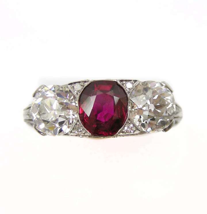 Early 20th century ruby and diamond three stone ring